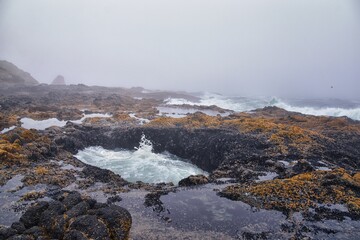 Thor's Well Views Cape Perpetua on Oregon Coast Spouting Horn Captain Cook Trail. Yachats North America.