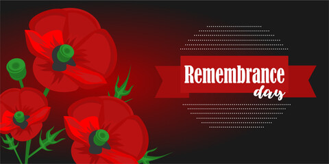 Remembrance Day, Memorial Day, Anzac Day, lest we forget. Red Poppy flower symbol of peace. Template with poppy on white background. Horizontal banner for Remembrance Day. 11 November British veterans