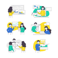 Online Conference with Man and Woman Talking Via Internet Platform Outline Vector Set