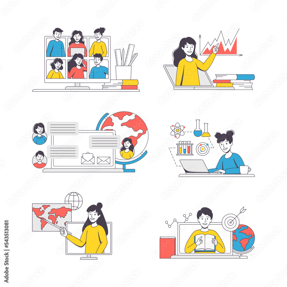 Poster online learning with student and teacher engaged in virtual classes outline vector set