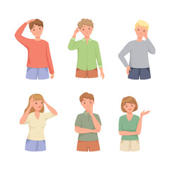 Fototapeta premium Pensive People Character Scratching Head Thinking and Considering Something Vector Set