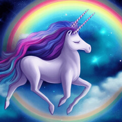 Naklejka na ściany i meble The Cute Tiny Unicorn on a Rainbow Chilling out and Floating in Space