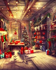 Naklejka premium In the Christmas toy factory, elves are busy making toys. Some of the elves are painting dolls, while others are constructing wooden train sets. The workshop is filled with the sound of hammering and 