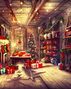 In the Christmas toy factory, elves are busy making toys. Some of the elves are painting dolls, while others are constructing wooden train sets. The workshop is filled with the sound of hammering and 