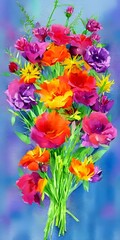 A watercolor flower bouquet is surrounded by green leaves. The flowers are a mix of purple, pink, and white. Each petal is delicately painted with precision and care. The colors blend together perfect