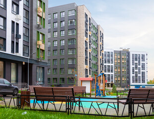 Low-rise houses mixed-use urban multi-family residential district area development with bench rest place