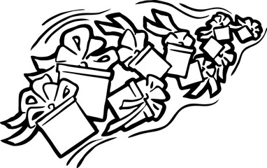 Gift box with bow, hand drawn illustration. Cartoon style vector drawing. Decorative element for poster print, Christmas party, birthday, wedding celebration, anniversary event, sale discount.