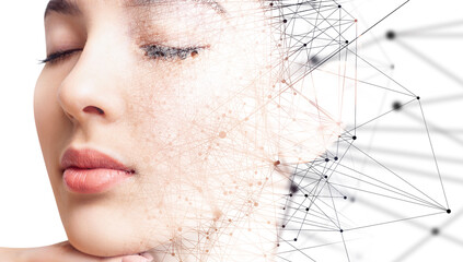 Half face of young woman disappearing in virtual space.