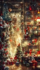 It's a cold December night and Santa's toy factory is in full swing. The elves are busy at their stations, wrapping presents and making toys. Meanwhile, Santa is supervising from his workshop, making 