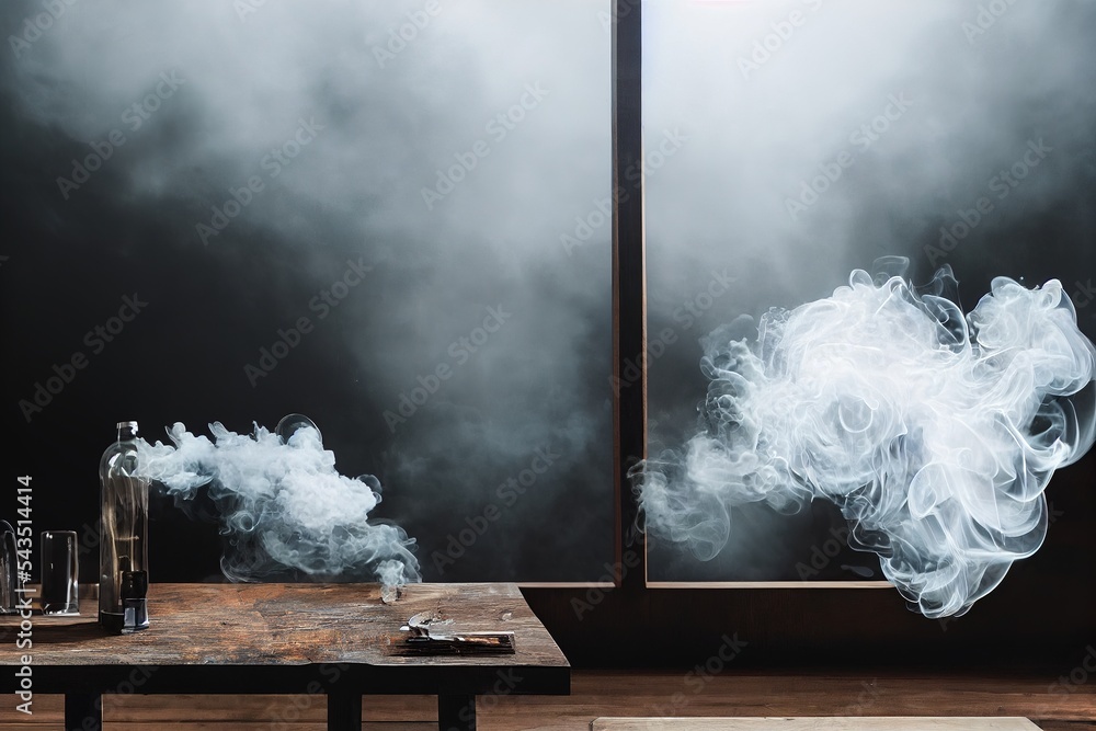 Poster a smoke filled table with a bottle and a cigarette lighter on it and a window in the background with