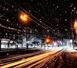 Fototapeta na wymiar The city street is cold and empty. The only sound is the crunch of snow underfoot. The buildings loom tall and dark against the night sky. A light dusting of snow covers everything, making it look lik