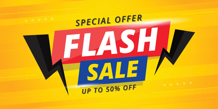 Flash sale promo banner template with podium and flying discount, Sign board promotion.