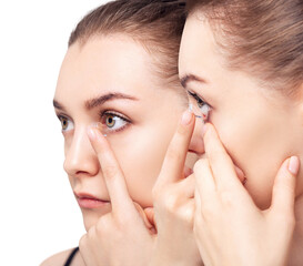 Collage of young woman wearing soft contact lenses.