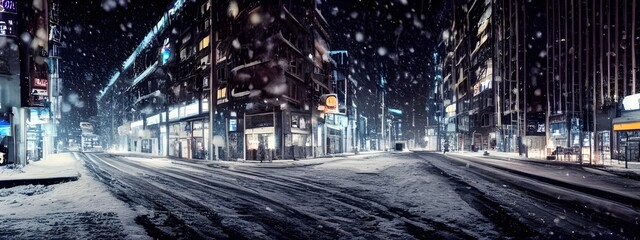 Fototapeta na wymiar It's a city street in the winter evening. The streets are empty and the only sound is the crunching of snow underfoot. The buildings loom tall and imposing, their windows dark and blank. A few cars ar