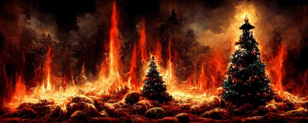 a christmas scene in hell with fire and lava in glowing red and yellow light for a alternative christmas card