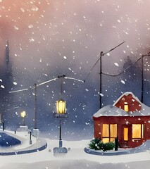 The watercolor apartment buildings are standing in the winter nighttime. The colors of the buildings are beautiful against the dark sky.