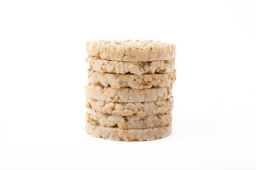 Crispbread.Puffed rice bread isolated on white background. dietary crispy round rice cakes.