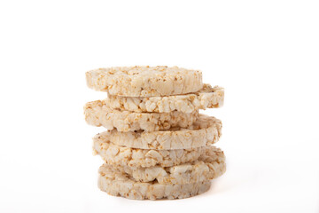 Crispbread.Puffed rice bread isolated on white background. dietary crispy round rice cakes.