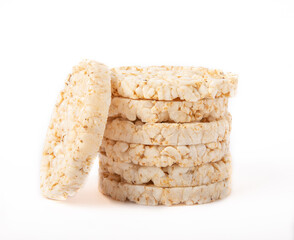 Crispbread.Puffed rice bread isolated on white background. dietary crispy round rice cakes.