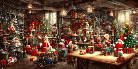 The Christmas toy factory is a bustling place, full of elves and toys. The shelves are lined with rows of brightly-colored balls and dolls, and the air is thick with the smell of pine needles and ging