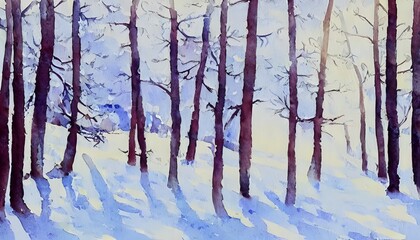 The painting is of a winter forest scene. The trees are all tall and slim, with leaves that look like they're made out of watercolor paint. There's a layer of snow on the ground, and in the distance y