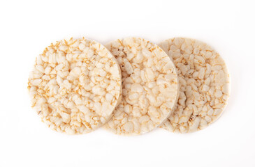 Crispbread.Puffed rice bread isolated on white background. dietary crispy round rice cakes.