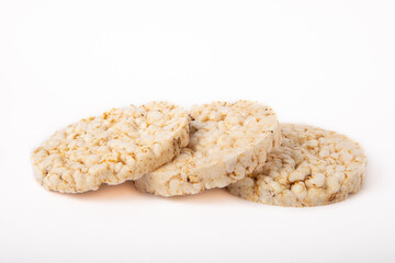 Crispbread.Puffed rice bread isolated on white background. dietary crispy round rice cakes.
