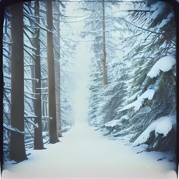 The picture is a Polaroid of a forest in winter. The trees are all covered in snow and there is a layer of fog or mist over the ground.