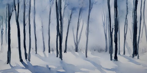A winter forest scene done in watercolors. The sky is a light blue, the trees are shades of white and gray, and there is a layer of snow on the ground.