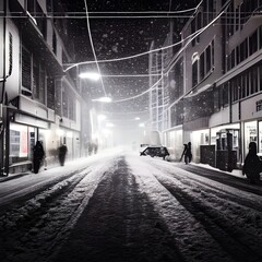 Fototapeta na wymiar The city bustles with activity even though the evening has fallen. Cars honk and headlights shine as they zip down the street. Snow drifts lazily in the air, making everything look frosted over. A few
