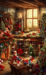 The Christmas toy factory is a very busy place. There are elves all over the floor, working on different toys. Some are painting, some are stuffing dolls, and some are putting together bicycles. The a