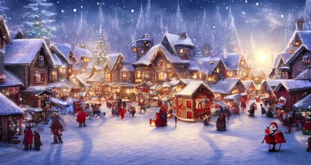 It's a winter christmas village scene. There are houses with snow on the rooftops and smoke coming out of the chimneys. The trees are all covered in white, fluffy snow and there's a big red barn in th