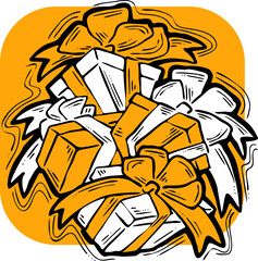 Gift box with bow, hand drawn illustration. Cartoon style drawing. Decorative element for poster print, Christmas party invitation, birthday, wedding celebration, anniversary event, sale discount.