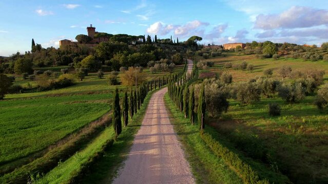 Italy, romantic Tuscany scenery with cypresses and castles.  famous region Val d'Orcia. aerial drone video over sunset