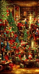 Obraz premium A large group of elves are hard at work in a vast and imposing toy factory. It's Christmas time, and the factory is abuzz with excitement as the elves rush to finish making all the toys for good girls