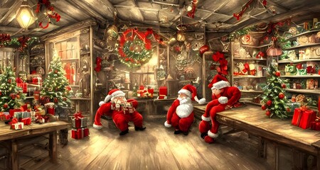 In the Christmas toy factory, elves are busy making toys for children all over the world. The workshop is full of noise and activity as the elves work tirelessly to make sure every child has a present - obrazy, fototapety, plakaty