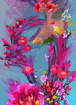 A colorful array of flowers are blooming in the illustration. Every petal is intricately detailed, and the vibrant colors make the scene come to life. The soft shadows give the image a sense of depth,