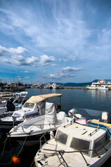 Fototapeta premium Beautiful view of Corfu harbor marina, the port close to Corfu Old Town. Corfu island, Greece. 