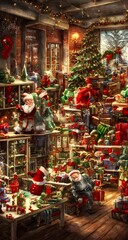 It's a chilly winter night and Santa's elves are hard at work in the toy factory. The conveyor belt is moving steadily, stacking colorful boxes full of toys. There's a lot of hustle and bustle as the