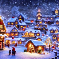 Fototapeta na wymiar The snow is falling gently on the winter christmas village, coating the rooftops and trees in a sparkling blanket of white. The air is crisp and fresh, and the scent of pine needles fills the air. Sof