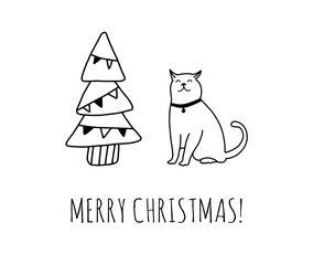 Cute cat and christmas tree icon isolated on white background. Merry christmas greeting card template. Doodle outline drawing.