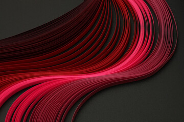 Red neon color strip wave paper on black. Abstract texture copy space background.