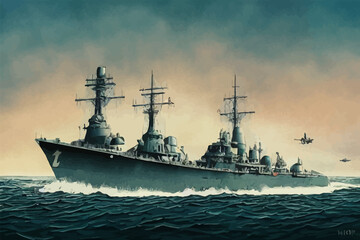 llustration of a world war two naval battleship boat. - obrazy, fototapety, plakaty
