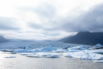 Fjallsarlon glacial lake with floating ice caps against the foggy sky in Iceland