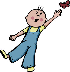 Little surprised boy reaches for flying butterfly