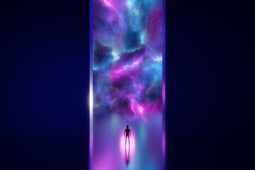 Concept of open mind, mindfulness, a person standing near giant gate door open to the galaxy full of stars. 3D rendering
