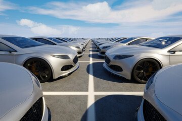 Low angle shot of new shiny generic brandless sports cars on parking lot for sale. Realistic 3d render