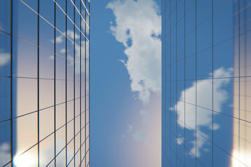 Modern glass skyscrapers, view from below looking up on clear sky with some clouds and reflections on windows, clean copyspace. 3d rendering