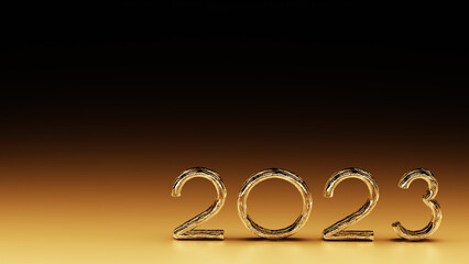 Luxury gold with transparent textured New Year numbers 2023 on a gradient background from brown to black render 3D 