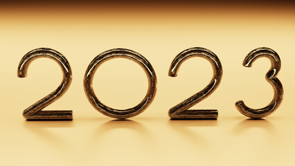 Luxury gold with transparent textured New Year numbers 2023 on gradient background from brown to black render 3D 